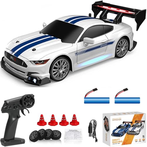 KAIMIO 1:24 Scale RC Drift Car 4WD 2.4GHz 30KM/H High Speed Racing Sport Toy Car with LED Lights, Racing and Drift Wheels (8602-Weiß) von KAIMIO