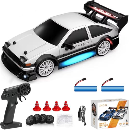 KAIMIO 1:24 Scale RC Drift Car 4WD 2.4GHz 30KM/H High Speed Racing Sport Toy Car with LED Lights, Racing and Drift Wheels (8604-Weiß) von KAIMIO