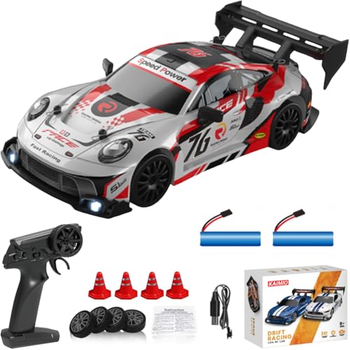 KAIMIO 1:24 Scale RC Drift Car 4WD 2.4GHz 30KM/H High Speed Racing Sport Toy Car with LED Lights, Racing and Drift Wheels (8606-Weiß) von KAIMIO