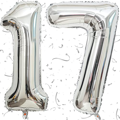 100cm XXL Ballon Folienballon Nummer 17 Silber Geburtstag Luftballon Deko 17. Geburtstag Dekoration Jubiläum 17 Jahre Deko Folienballon Zahl 17 von KAINSY