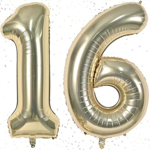 Folienballon Zahl 16 Champagner Gold - Riesenzahl Ballon ca.100 cm Zahlen Luftballon 16 - Luftballon Zahl 16 - Fliegt mit Helium - zum 16. Junge Mädchen Geburtstagsdeko, Jubiläum Party Dekoration von KAINSY