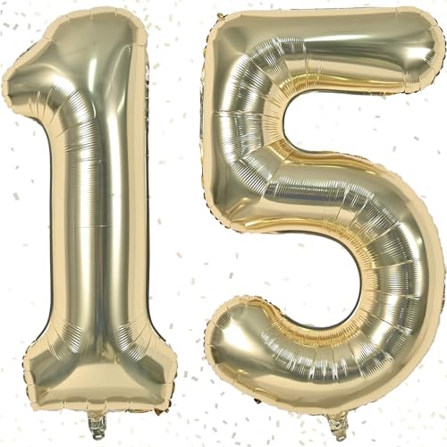 Geburtstag Zahlen Luftballon 15 jahre | Folienballon 15 XXL Luftballons Zahlen Champagner Gold - Riesen Folienballon in 40" - 100cm Geburtstagsdeko - Ballon Zahl Deko zum Junge Mädchen Geburtstag von KAINSY