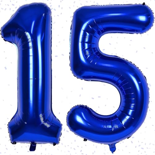 Geburtstag Zahlen Luftballon 15 jahre | Folienballon 15 XXL Luftballons Zahlen Marineblau - Riesen Folienballon in 40" - 100cm Geburtstagsdeko - Ballon Zahl Deko zum Junge Mädchen Geburtstag von KAINSY