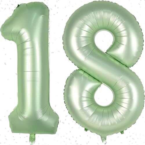 Geburtstag Zahlen Luftballon 18 jahre, 40" Groß Salbeigrün Folienballon Zahl 18 für Junge Mädchen, 100cm Ballon 18. Geburtstagsdeko, Zahlenballon 18 zum Männer Frauen Jubiläum, Fliegt mit Helium von KAINSY