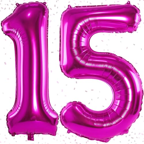 Hot Pink Geburtstag Zahlen Luftballon 15 jahre | Folienballon 15 Luftballons Zahlen Rosa - Riesen Folienballon in 40" Geburtstagsdeko - Ballon Zahl Deko zum Mädchen Geburtstag - Fliegt mit Helium von KAINSY
