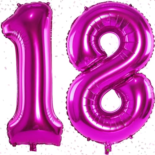 Hot Pink Geburtstag Zahlen Luftballon 18 jahre, 40" Rosa Folienballon Zahl 18 für Mädchen, 100cm XXL Ballon 18. Geburtstagsdeko, Zahlenballon 18 zum Frau Jubiläum Neujahr Party Deko, Fliegt mit Helium von KAINSY