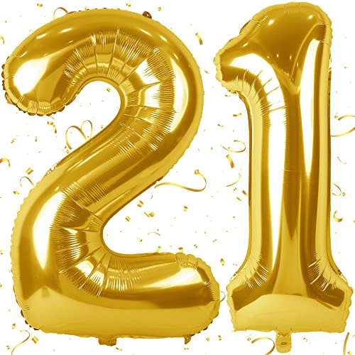 Luftballon Geburtstag XXL Gold - Riesen Folienballon in 40" | 101cm Geburtstagsdeko | Ballon Zahl Deko zum Geburtstag | Fliegt mit Helium (Zahl 21) von KAINSY