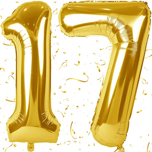 XXL Folienballon Zahl 17 - Geburtstagsdeko Gold 100cm - Deko zum Geburtstag - Luftballon Zahlen Dekoration - Fliegt mit Helium - Zahl 17, Gold von KAINSY