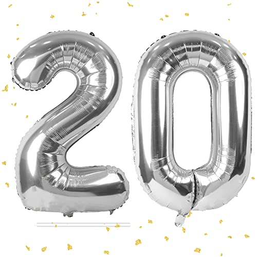 XXL Folienballon Zahl 20, Luftballon 100cm, Silber, Geburtstag, Abi, Jubiläum, Party Ballon, Heliumballon, Deko (Zahl 20) von KAINSY