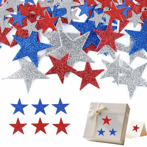 100 Stück patriotische Glitzer-Schaumstoff-Stern-Aufkleber, rot-weiß-blaue Sterne, selbstklebende Aufkleber für den 4. Juli, Unabhängigkeitstag, Dekoration, DIY-Zubehör, Grußkarten, Kinder 100 Stück patriotische Glitzer-Schaumstoff-Stern-Aufkleber, rot-weiß-blaue Sterne, selbstklebende Aufkleber für den 4. Juli, Unabhängigkeitstag, Dekoration, DIY-Zubehör, Grußkarten, Kinder von KAKUPPA