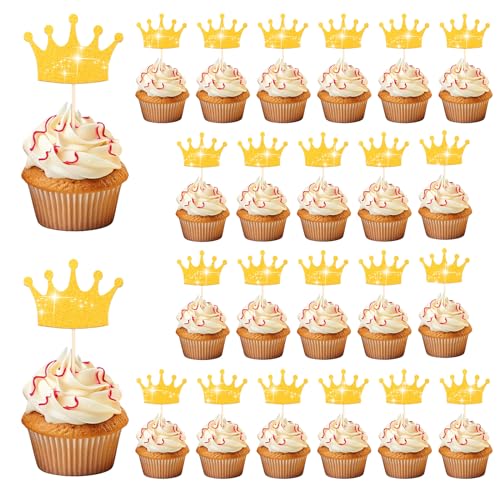 24 Stück Kronen Cupcake Topper mit Goldenem Glitzer, Prinzessinnen-Kronen Cupcake Picks, Königin Kronen Cupcake Dekorationen für Prinzessinnen Party Dekorationen für Geburtstag, Babyparty, Hochzeit von KALIONE