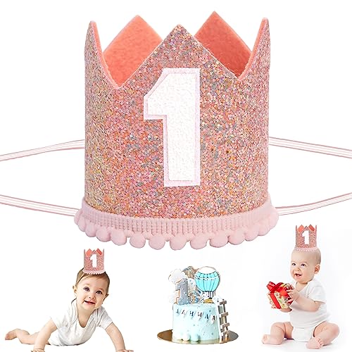 KALIONE Baby-Tiara, Geburtstagskrone für den 1. Geburtstag, glitzernde Krone, 1. Geburtstag, Stirnbänder, Party-Hüte für den 1. Geburtstag, Foto-Requisiten (Rosa) von KALIONE