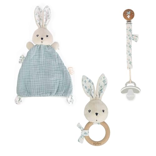 KALOO - Baby Geschenkset zur Geburt - 3-teilig: Schmusetuch Hase 22 cm + Rassel + Schnullerhalter - Hübscher Taubendruck - ab der Geburt - K390042 KALOO - Baby Geschenkset zur Geburt - 3-teilig: Schmusetuch Hase 22 cm + Rassel + Schnullerhalter - Hübscher Taubendruck - ab der Geburt - K390042 von KALOO