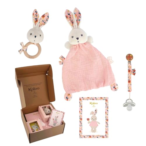 Kaloo - Baby Geschenkset zur Geburt - 3-teilig: Schmusetuch Hase 22 cm + Rassel + Schnullerhalter - Schöner Mohnblumen-Druck - ab der Geburt - K390043 von KALOO
