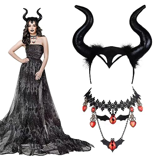 KALUROIL 2 PCS Maleficent Kostüm - Maleficent Hörner -Gothic Königin Hörner Set mit Spitzenhalskette - Teufel Haarschmuck für Halloween, Cosplay, Karneval & Fasching KALUROIL 2 PCS Maleficent Kostüm - Maleficent Hörner -Gothic Königin Hörner Set mit Spitzenhalskette - Teufel Haarschmuck für Halloween, Cosplay, Karneval & Fasching von KALUROIL