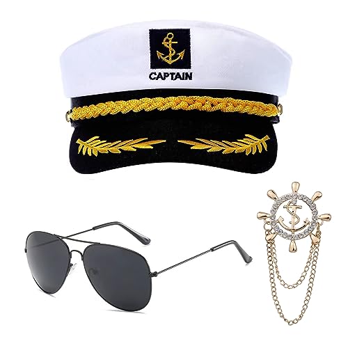 KALUROIL Kapitänsmütze für Erwachsene,3-teiliges Kapitänsmütze Kostüm Set mit Sonnenbrille, Stilvolle Hüte für Erwachsene - Abzeichen für Partys & Cosplay von KALUROIL