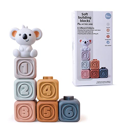 KAMINRUN Weich Baby Bausteine, Baby Blöcke Beißring Sensory Toys Montessori Educational Soft Stacking Spielzeug mit Zahlen Tiere Formen Texturen für Kleinkinder Kleinkind für Baby Über 18 Monate. von KAMINRUN
