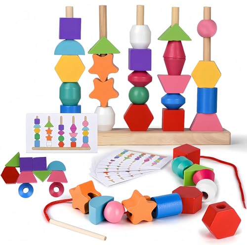 KANCAI Holzperlen Sequencing Toy Set, Stacking Blocks & Lacing Beads & Matching Shape Stacker, Montessori Spielzeug für 2 3 4 5 Jahre von KANCAI