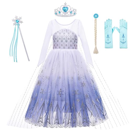KANDEMY Mädchen ELSA Prinzessin Kostüm Faschingskostüme für Kinder Eisprinzessin Kleider für Karneval Rollenspiel Geburtstag Party Weiß 150 von KANDEMY