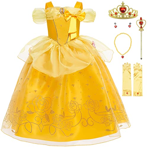 KANDEMY Mädchen Prinzessin Aurora Kostüm Dornröschen Kleid Belle Kostüm Prinzessinnen Kleider Kinder Geburtstag Fasching Karneval Kostüme Cosplay Verkleidung Party Gelb 100 von KANDEMY