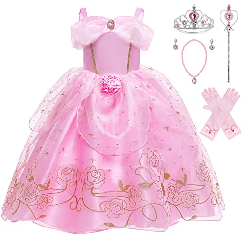 KANDEMY Mädchen Prinzessin Aurora Kostüm Dornröschen Kleid Belle Kostüm Prinzessinnen Kleider Kinder Geburtstag Fasching Karneval Kostüme Cosplay Verkleidung Party Rosa 100 von KANDEMY