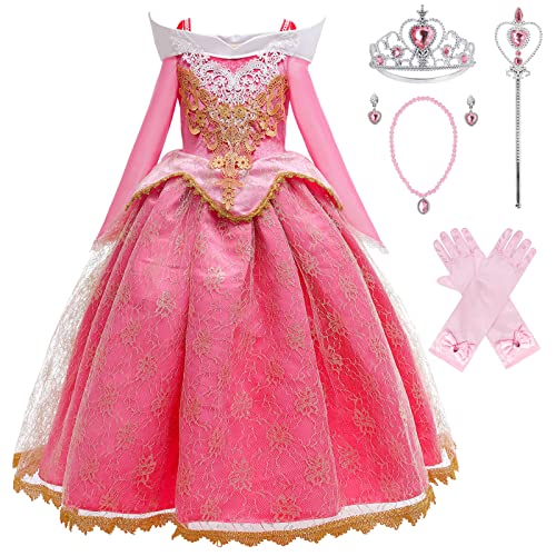 KANDEMY Mädchen Prinzessin Aurora Kostüm Kinder Dornröschen Kleid Karneval Kostüme für Fasching Party Verkleidung Cosplay Geburtstag Mottoparty Kleider Pink 100 von KANDEMY