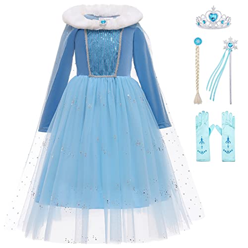 KANDEMY Mädchen Prinzessin Elsa Kostüm Eiskönigin Kleid mit Umhang Prinzessinnen Elsa Kleider Kinder Geburtstag Karneval Fasching Kostüme Cosplay Verkleidung Party Blau-K35 100 von KANDEMY