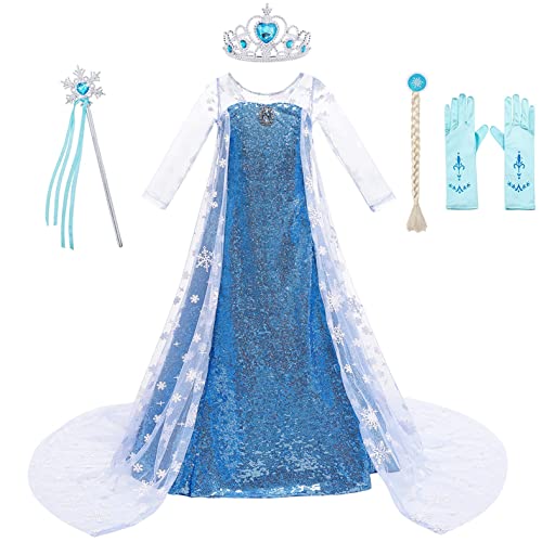 KANDEMY Mädchen Prinzessin Kleid Elsa Kostüm Faschingskostüme für Kinder Eisprinzessin Kleider Karneval Kostüme Rollenspiel Geburtstag Party Dunkelblau 150 von KANDEMY