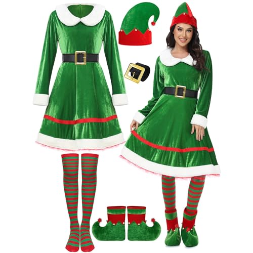 Damen Weihnachtskleid 5 Teiliges Weihnachtselfen Kostümset, Samtkleid+Gürtel Elf Cosplay Set, Festliche Elfenkleidung, Weihnachten Party Club Kostüm Karneval Cosplay B,2XL Damen Weihnachtskleid 5 Teiliges Weihnachtselfen Kostümset, Samtkleid+Gürtel Elf Cosplay Set, Festliche Elfenkleidung, Weihnachten Party Club Kostüm Karneval Cosplay B,2XL von KANMUASD