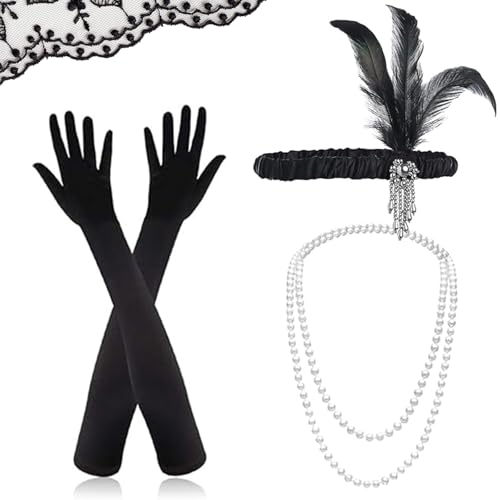 Charleston Accessoires Damen, KANOSON 20er Jahre Accessoires Damen, 1920er Fasching Gatsby Karneval Accessoires, Schwarze Handschuhe Perlenkette Feder Stirnband 20er Jahre Kostüm von KANOSON