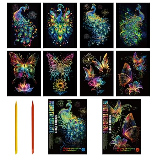 KAOTPO Kratzbilder Set Erwachsene DIY Kratzbilder Bastelsets für Erwachsene und Kinder, Nachtleuchtend Scratch Art Painting DIY Set Erwachsene(Schmetterling+Pfaue) von KAOTPO