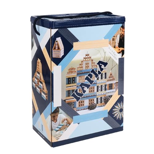 Die 200er Box Winter von KAPLA®: 200 Plättchen aus naturbelassenem Pinienholz, Davon 140 x naturfarben und 20x hellblau, 20x dunkelblau und 20x Weiss von KAPLA