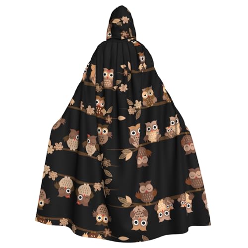 Kapuzenumhang mit niedlichem braunem Cartoon-Eulen-Druck, 140 cm Länge, Vampir-Kapuzenumhang für Halloween, Rollenspiele mit Krawatte von KAPPTYY