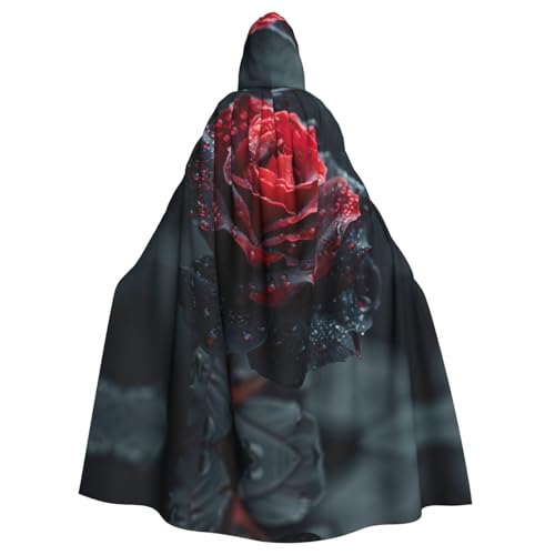 Roter und schwarzer Rosen-Druck, 140 cm Länge, Vampir-Kapuzenumhang, Kapuzenumhang für Halloween, Rollenspiele mit Krawatte von KAPPTYY