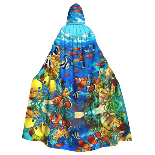 Umhang mit Kapuze für Erwachsene, Motiv: tropische Fische, Koralle, Unterwasserwelt, 140 cm Länge, Vampir, Kapuzenumhang für Halloween, Rollenspiele mit Krawatte Umhang mit Kapuze für Erwachsene, Motiv: tropische Fische, Koralle, Unterwasserwelt, 140 cm Länge, Vampir, Kapuzenumhang für Halloween, Rollenspiele mit Krawatte von KAPPTYY