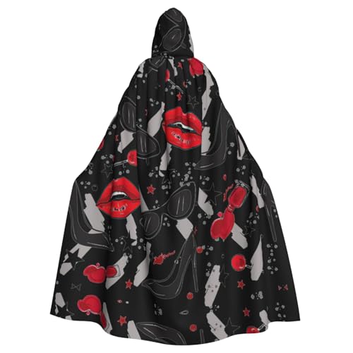 Vampir-Kapuzenumhang mit Lippen, High Heels, bedruckt, 140 cm lang, Kapuzenumhang für Halloween, Rollenspiele mit Krawatte von KAPPTYY