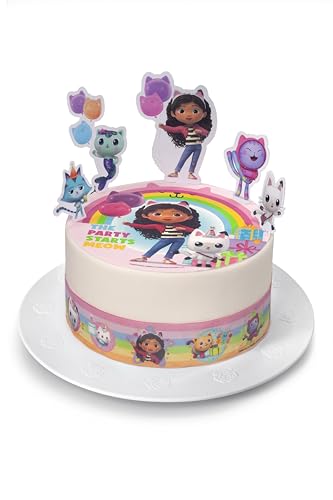 Kardasis Gabby's Dollhouse Tortenaufleger mit Papierfiguren | Essbarer Aufleger für Torten und Kuchen | Tortendekoration für den Gabby's Dollhouse Themengeburtstag | 20cm + 4 band 28x4cm + 5 Figuren von KARDASIS