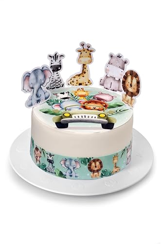 Kardasis Dschungeltiere Tortenaufleger mit Papierfiguren| Essbarer Aufleger für Torten und Kuchen | Tortendekoration für Themengeburtstag | 20cm + 4 band 28x4cm + 5 Figuren von KARDASIS