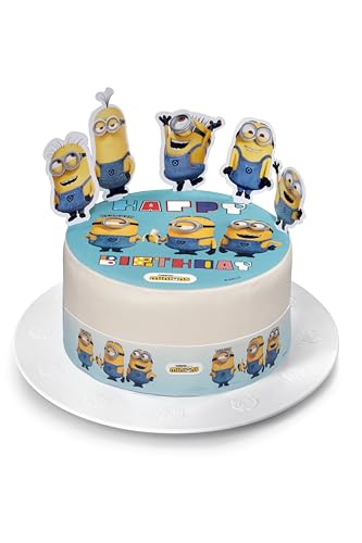 Kardasis Minions Tortenaufleger mit Papierfiguren | Essbarer Aufleger für Torten und Kuchen | Tortendekoration für den Minions Themengeburtstag | 20cm+ 4 band 28x4cm + 5 Figuren von KARDASIS