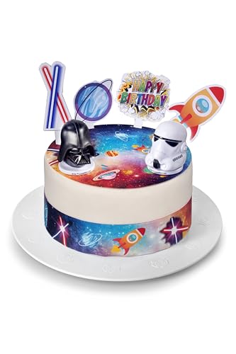 Kardasis Star Wars Tortenaufleger | Essbarer Aufleger für Torten | Tortendekoration für den Star Wars Themengeburtstag | 20 cm rund Zuckerpapier + 4 Bänder 28x4 cm + 4 Papierfiguren + 2 3D figuren Kardasis Star Wars Tortenaufleger | Essbarer Aufleger für Torten | Tortendekoration für den Star Wars Themengeburtstag | 20 cm rund Zuckerpapier + 4 Bänder 28x4 cm + 4 Papierfiguren + 2 3D figuren von KARDASIS