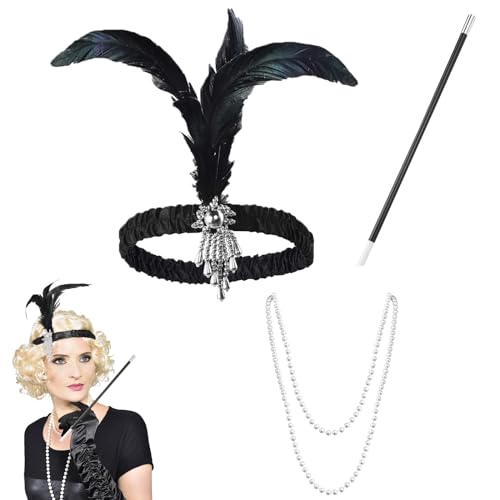 KARELLS 3er Set 20er Jahre Accessoires, Damen 20er Jahre Kostüm, Feder Stirnband, 1920 Zubehör Set, Flapper, Perlenkette, Kunststoffrohr, Maskerade, Halloween, Weihnachten, Karneval von KARELLS