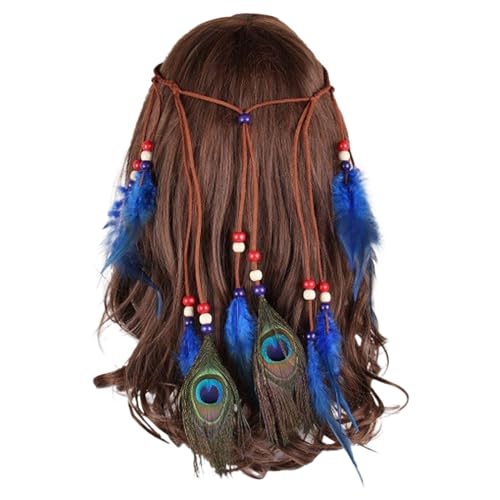 KAREN66 Boho Pfauenfedern Stirnband Damen Mädchen Pfau Feder Haarband Pfauenfeder Haarschmuck Kopfschmuck Fasching Karneval Kostüm (Blau) von KAREN66