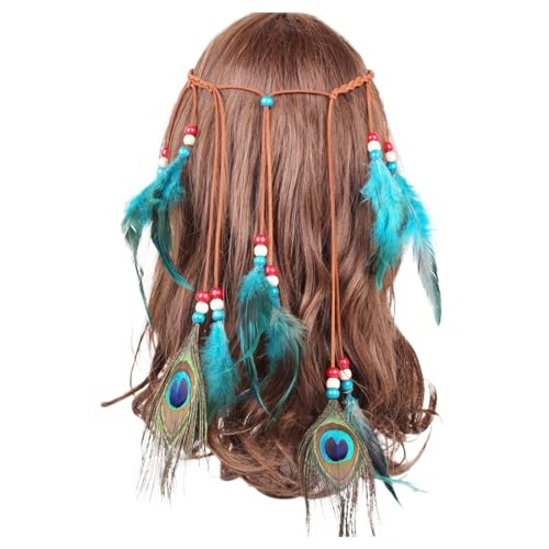KAREN66 Boho Pfauenfedern Stirnband Damen Mädchen Pfau Feder Haarband Pfauenfeder Haarschmuck Kopfschmuck Fasching Karneval Kostüm (Himmelblau) von KAREN66