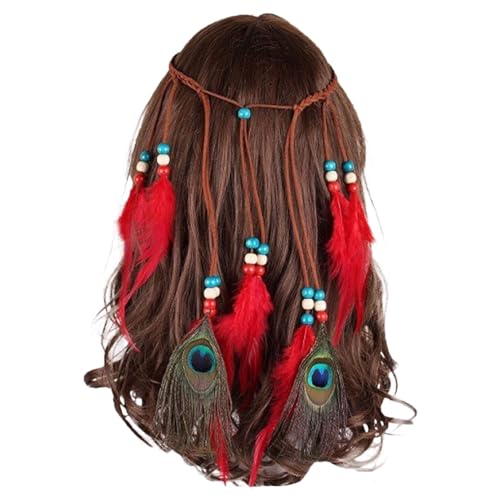 KAREN66 Boho Pfauenfedern Stirnband Damen Mädchen Pfau Feder Haarband Pfauenfeder Haarschmuck Kopfschmuck Fasching Karneval Kostüm (Rot) von KAREN66