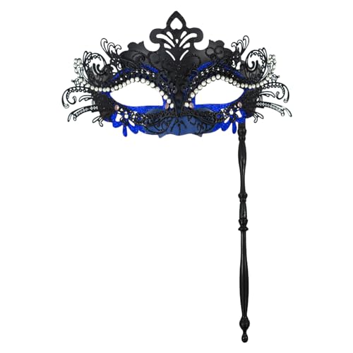 KAREN66 Venezianische Maske mit Stab, Vantage Maskerade Maske Damen Handheld Augenmaske Metall Stabmaske mit Strass für Maskenball Kostüm Fasching Karneval Kostümmaske (Blau) von KAREN66