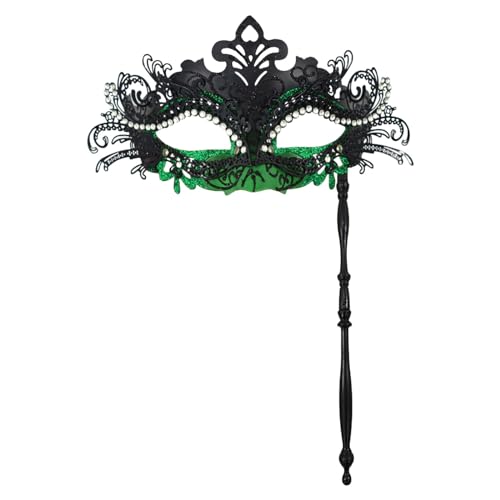 KAREN66 Venezianische Maske mit Stab, Vantage Maskerade Maske Damen Handheld Augenmaske Metall Stabmaske mit Strass für Maskenball Kostüm Fasching Karneval Kostümmaske (Grün) von KAREN66
