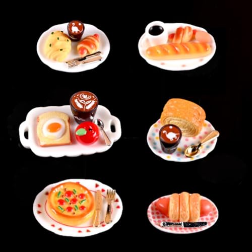 KARLOR 27 Stück Mini Kaffee Brot Set mit Teller Löffel Gabel, Miniatur Kuchen Pizza Toast Apfel Latte Dessert Mini Essen Speise Getränke Puppenhaus Szene Dekoration (Frühstück Set) von KARLOR