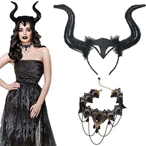 KARLOR Königin Hörner Kopfschmuck, Horn Kopfbedeckung & Spitzenhalskette, Teufelhörner Haareifen Damen Halloween gotisch Kostüm Böse Stirnband Schwarz Haarband für Karneval Maskerade Cosplay KARLOR Königin Hörner Kopfschmuck, Horn Kopfbedeckung & Spitzenhalskette, Teufelhörner Haareifen Damen Halloween gotisch Kostüm Böse Stirnband Schwarz Haarband für Karneval Maskerade Cosplay von KARLOR