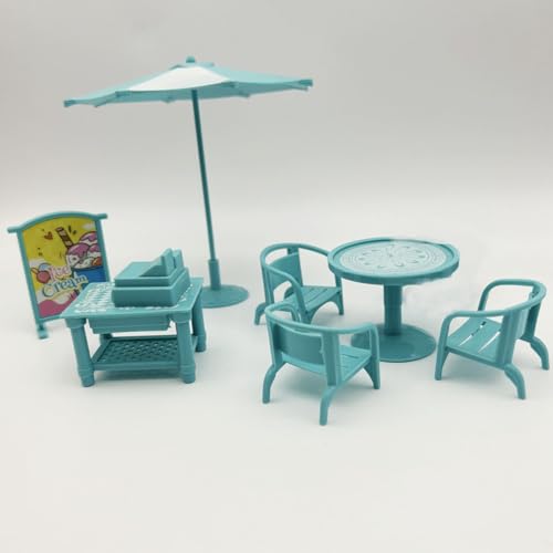 KARLOR Miniatur Sonnenschirm Tisch Stühle Set, 8 Stück Puppen Gartenmöbel Set, Puppenhaus Sonnenschirm Tisch Stühle Werbetafeln Kassen, Puppenhaus Möbel Salon Gartenlounge von KARLOR