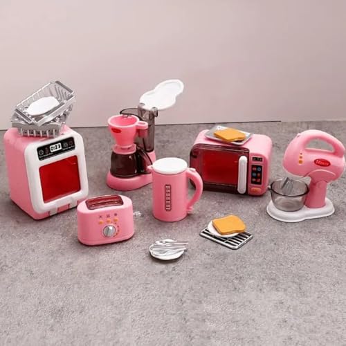 KARLOR Puppenhaus Küchengeräte Set, Miniatur Backofen Wasserkocher Kaffeemaschine MikrowelleToaster Mixer,Puppenhaus Küchenutensilien 1:12 Puppenhaus Miniküche Zubehör Puppenmöbel Deko(Rosa) von KARLOR